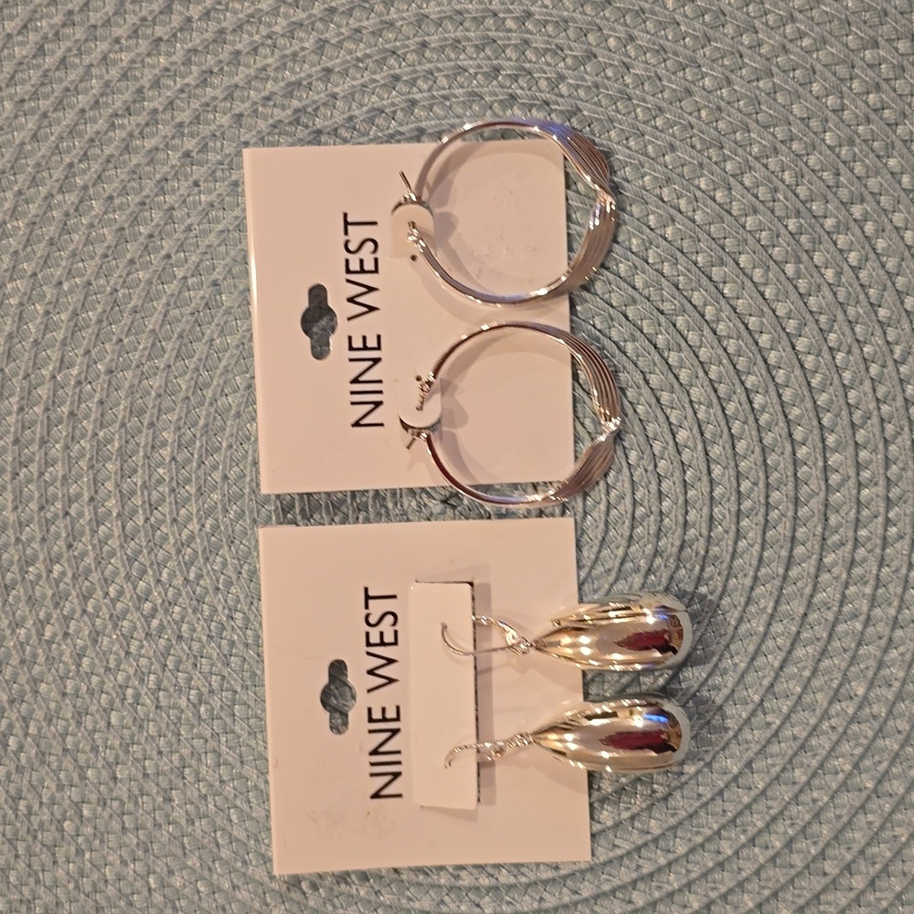 NINE WEST BRAND WOMEN'S FASHION JEWELRY SILVERTONE EARRINGS BUNDLE OF 2 PAIR